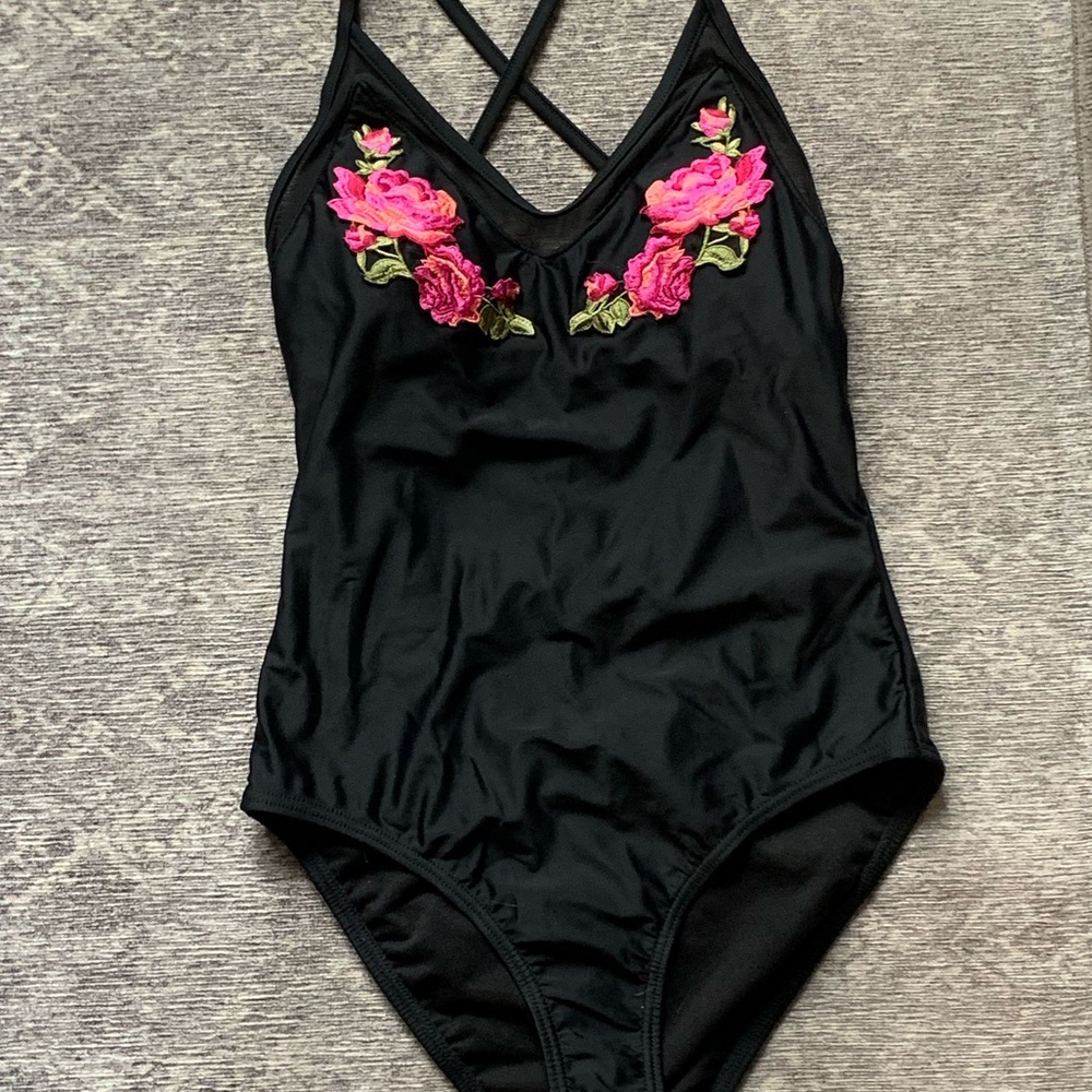 Xhilaration Embroidered One Piece Swimsuit Black Cross Back Mesh Floral S